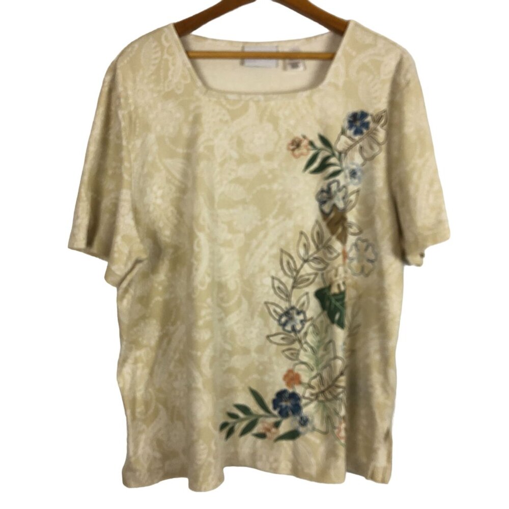 Alfred Dunner Floral Embroidered Top XL Square Neckline Short Sleeve Beaded